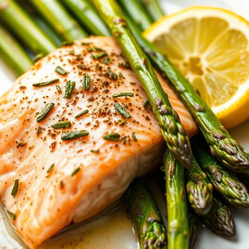 A close-up shot of baked salmon with roasted asparagus and lemon slices