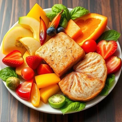A colorful and diverse plate of healthy foods including fruits, vegetables, and lean protein