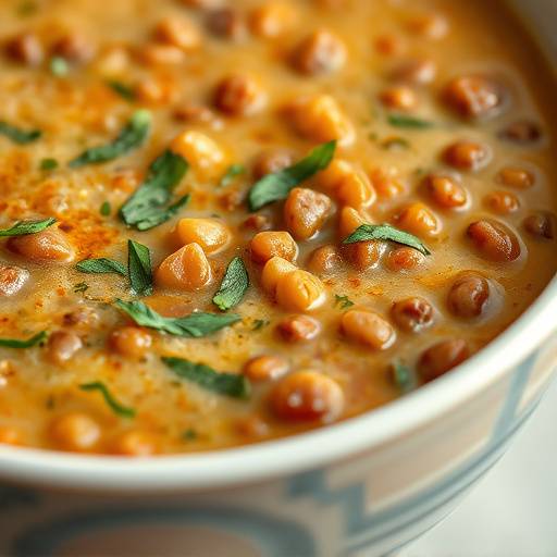 A creamy and comforting bowl of lentil soup garnished with fresh herbs
