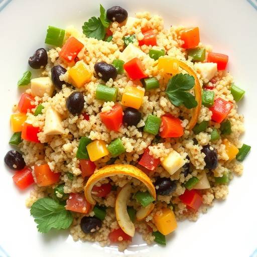 A vibrant and colorful quinoa salad with mixed vegetables and a light vinaigrette dressing
