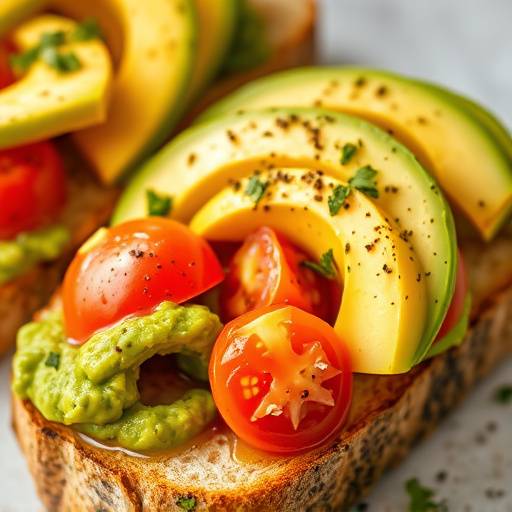 Avocado toast with sliced tomatoes and everything bagel seasoning