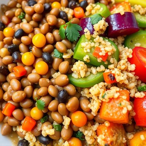 Close-up of a vibrant plant-based meal with lentils, quinoa, and colorful vegetables