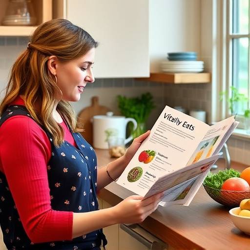Emily Brown reading an informative article about healthy eating on the Vitality Eats website