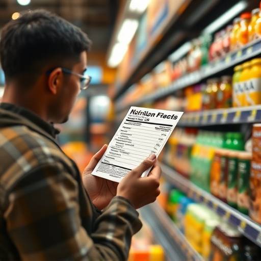 Image of a person carefully reading the nutrition facts label on a food package in a grocery store